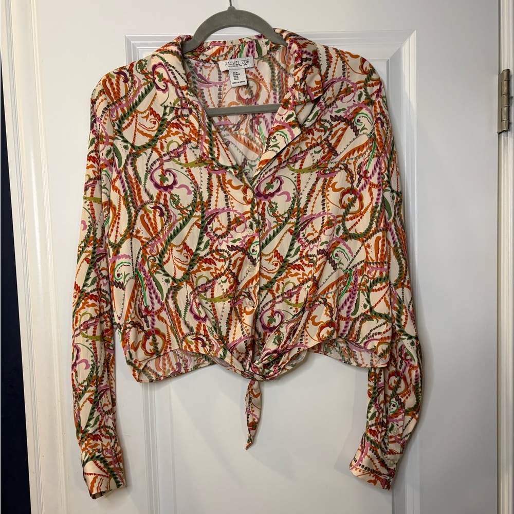 Rachel Zoe Boho Paisley Tie-Front Top Medium Cropped Long Sleeve